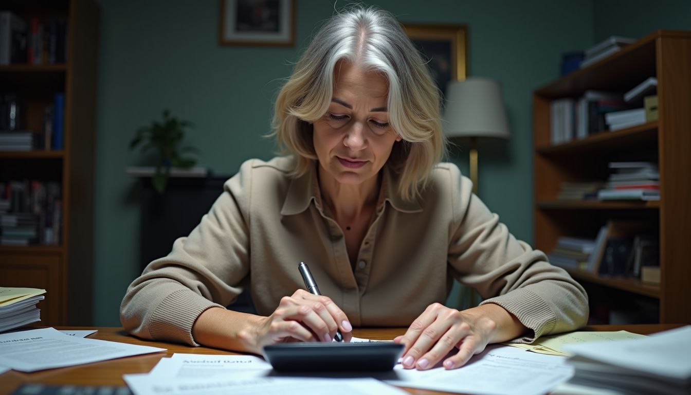 A woman at a cluttered desk calculates loan payments and finances.